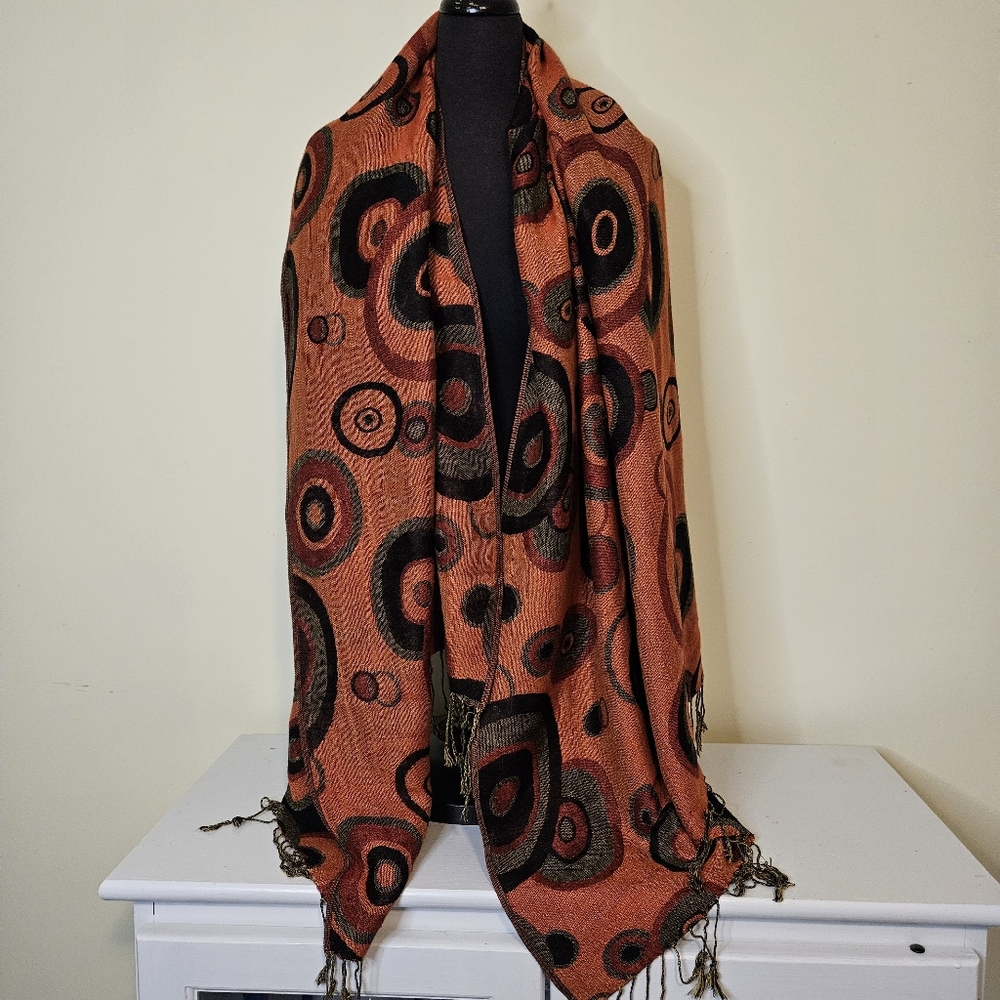 Pashmina Orange and Black Patterned Shawl/Pashmina Silk Blend Reversible